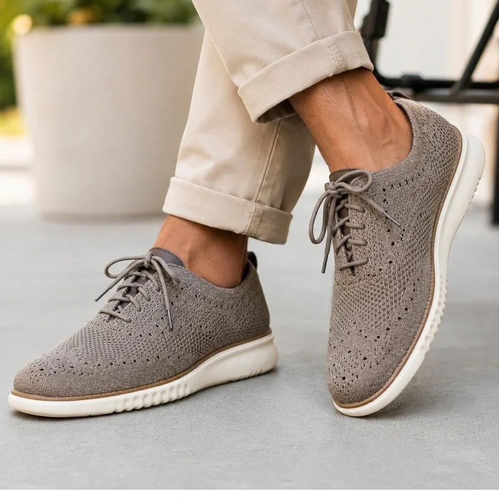 Cole Haan Zerogrand Stitchlite Oxford Mens 8M Taupe Knit Wingtip Shoes C37988